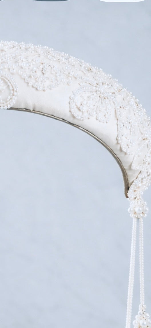 Troya — Silk Sinamay Bridal Headband with Embroidered Tulle and Crystal Fringe