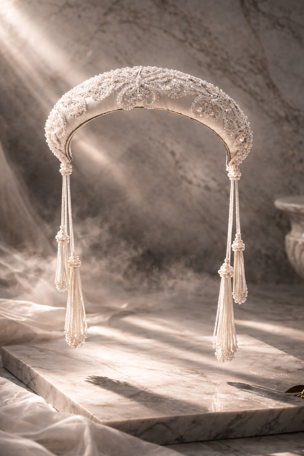 Troya — Silk Sinamay Bridal Headband with Embroidered Tulle and Crystal Fringe