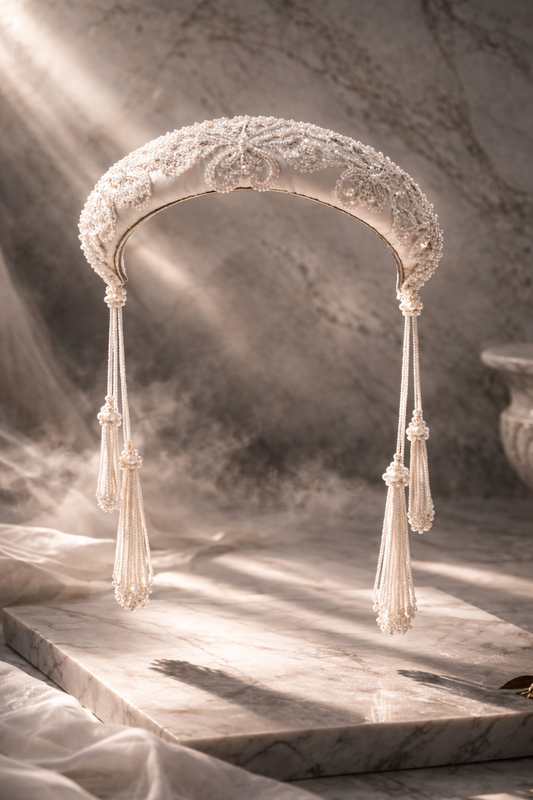 Troya — Silk Sinamay Bridal Headband with Embroidered Tulle and Crystal Fringe