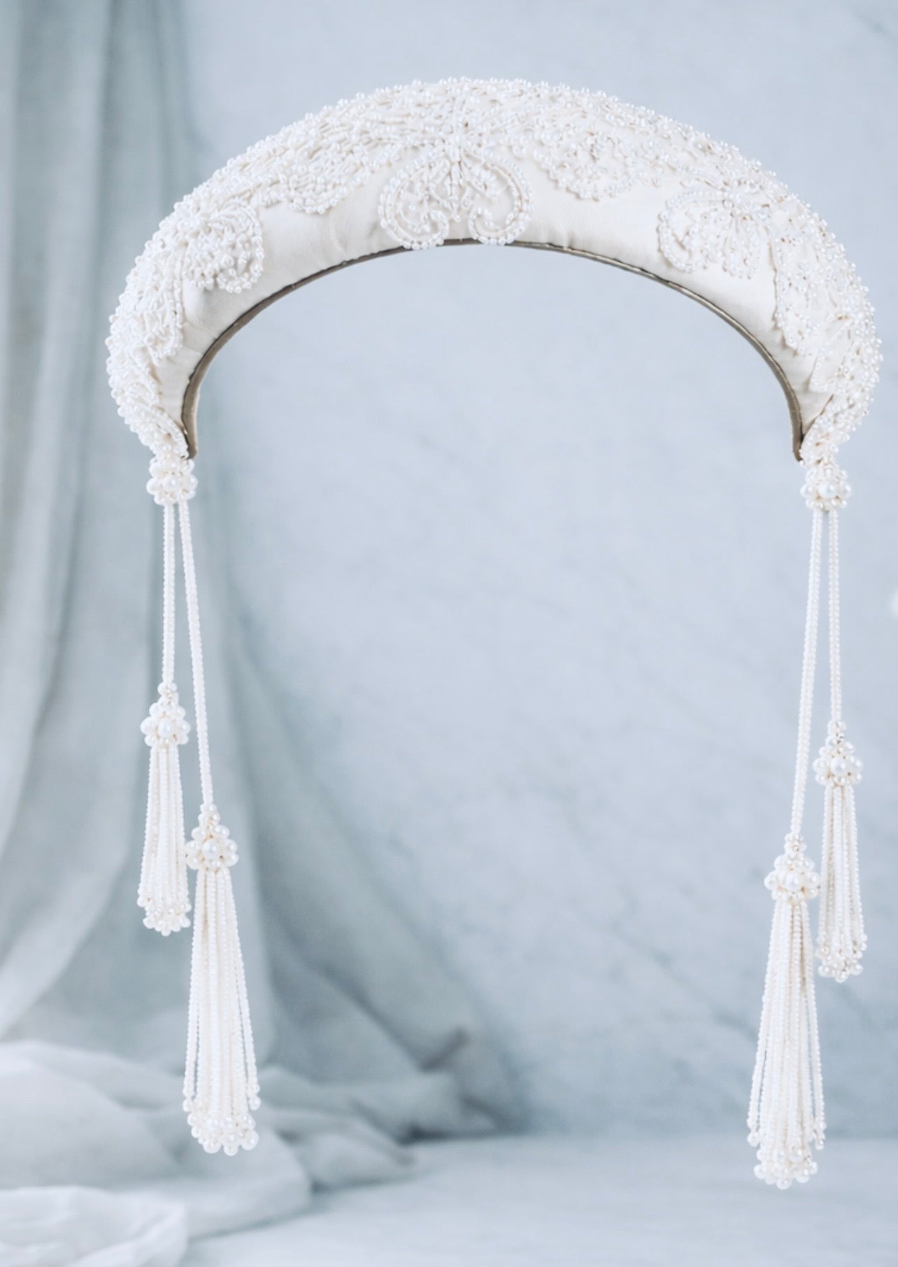 Troya — Silk Sinamay Bridal Headband with Embroidered Tulle and Crystal Fringe
