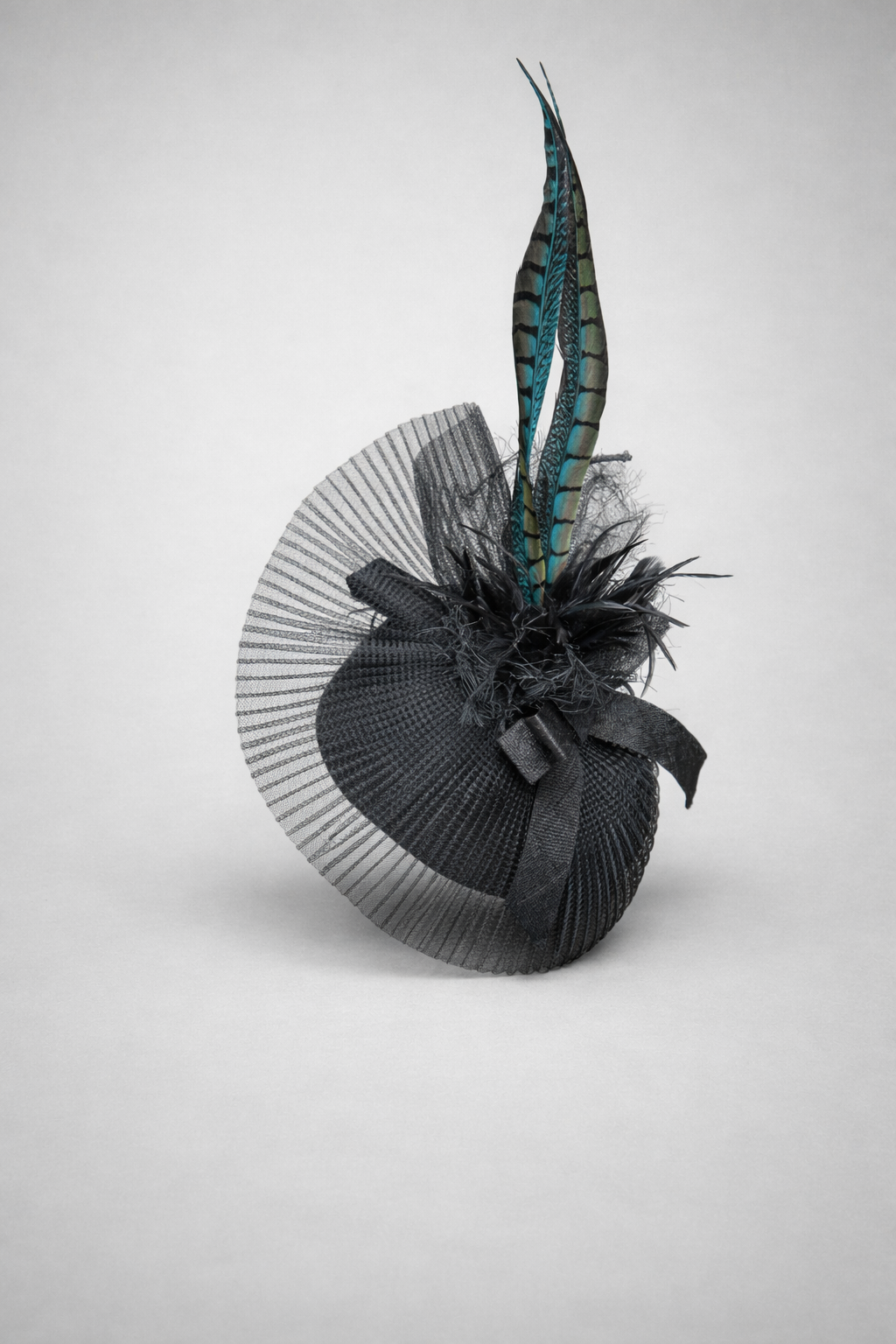 A-scarlet 
Black Couture Fascinator with Veil & Feather – Luxury Statement Headpiece