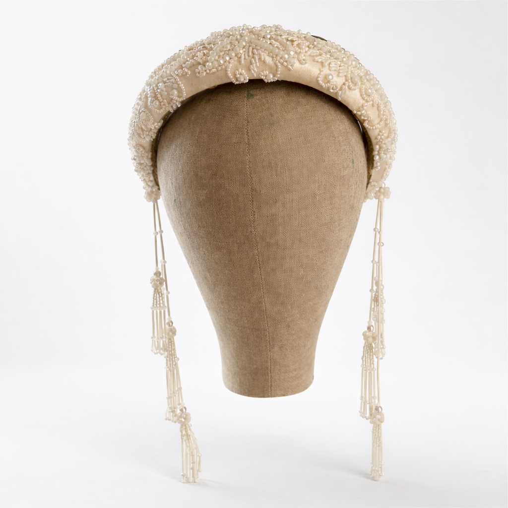 Troya — Silk Sinamay Bridal Headband with Embroidered Tulle and Crystal Fringe