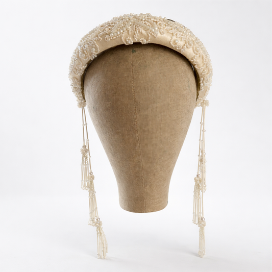 Troya — Silk Sinamay Bridal Headband with Embroidered Tulle and Crystal Fringe