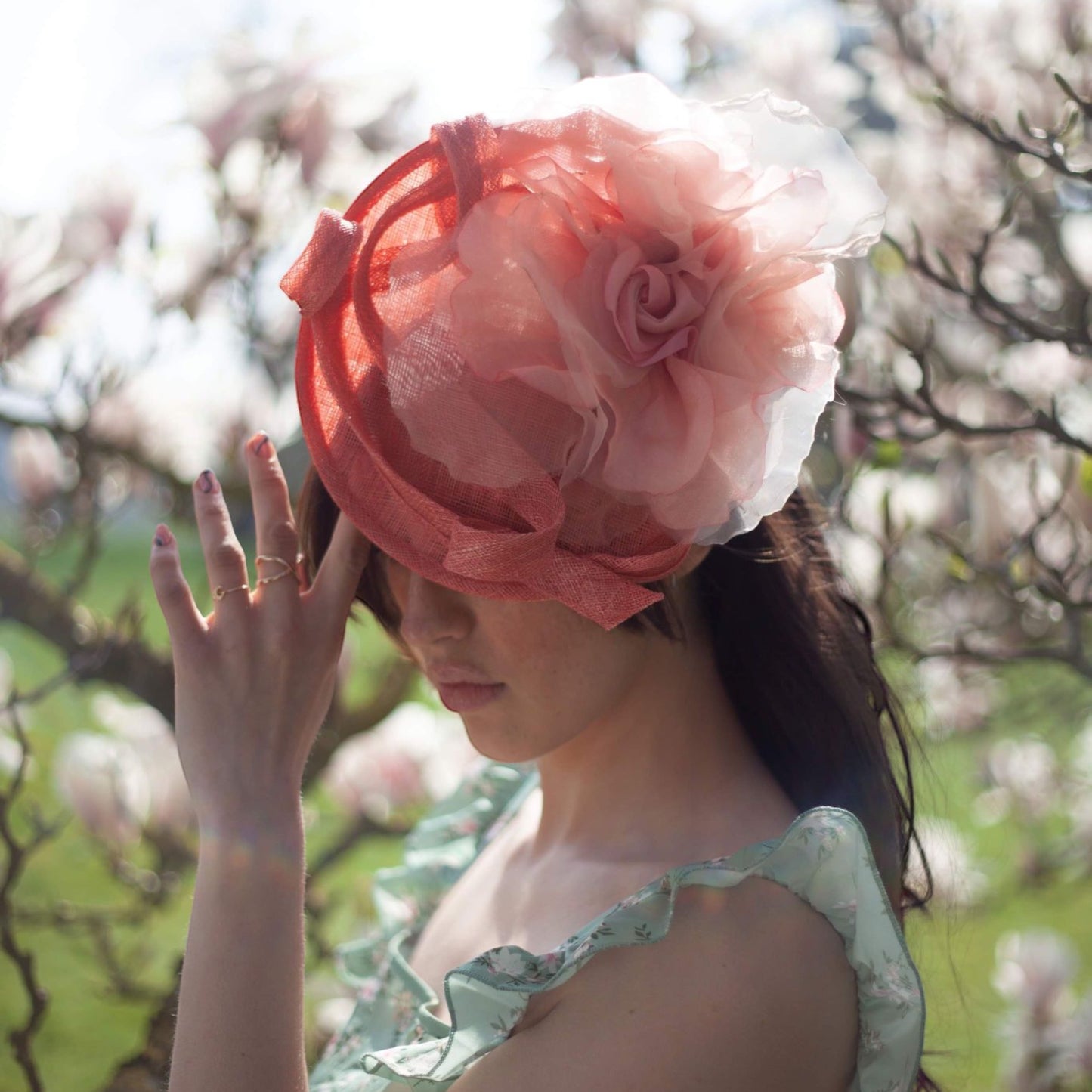 A-Organza flower coral Fascinator