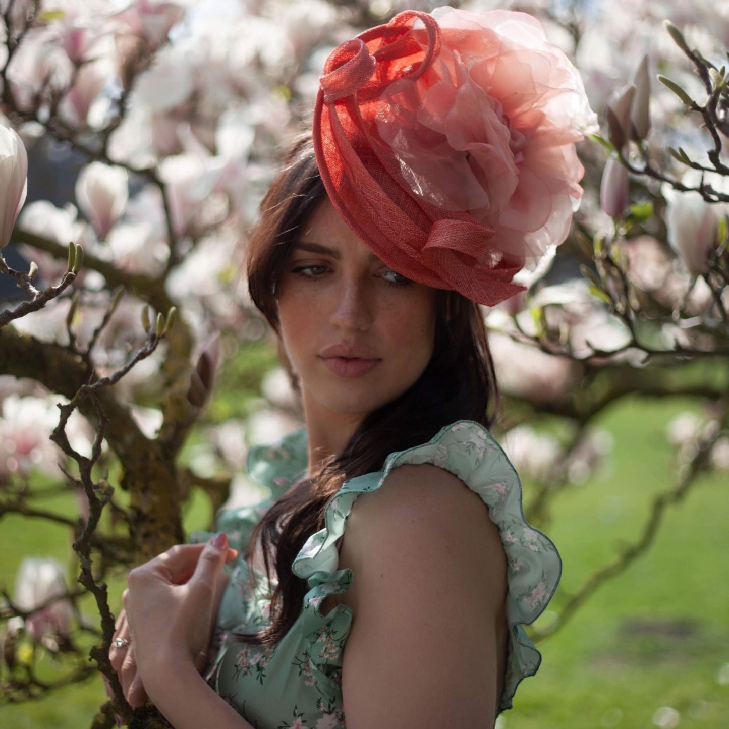 A-Organza flower coral Fascinator