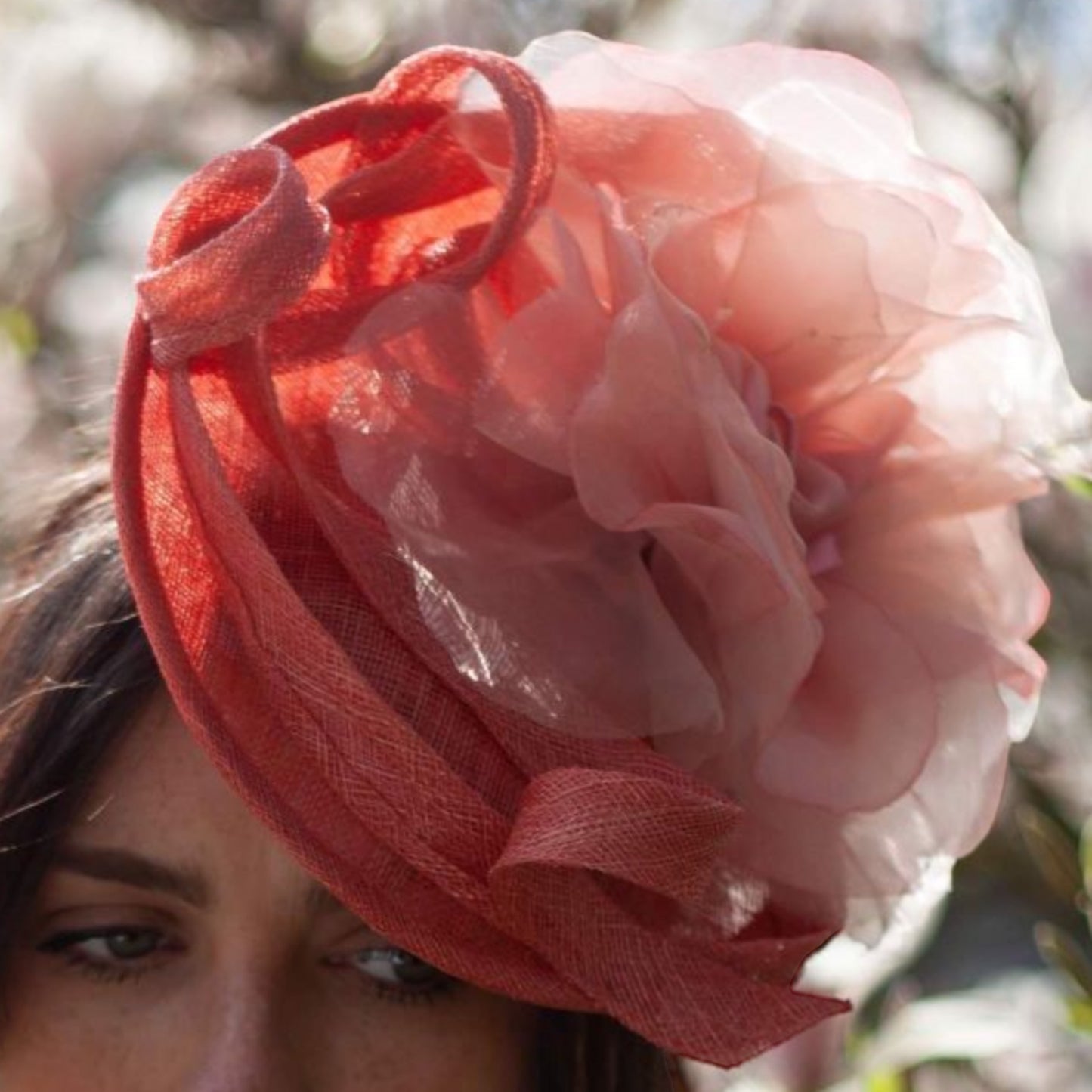 A-Organza flower coral Fascinator